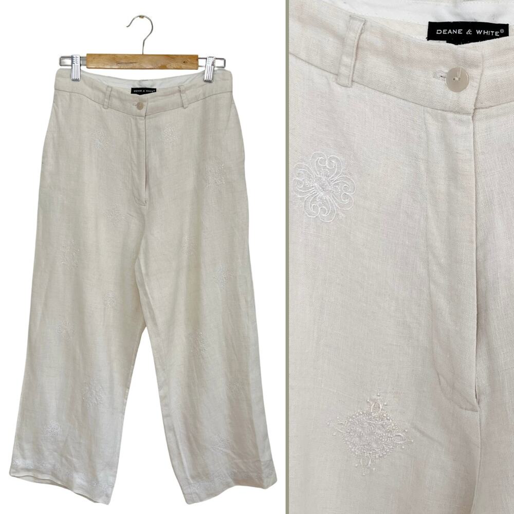 Vintage Y2K Deane & White Linen Wide-Leg Embroidered Pants 8 Cottagecore